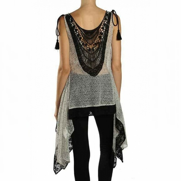 Ryu Tops - New RYU Tassel Black Lace Cream Asymmetrical Top